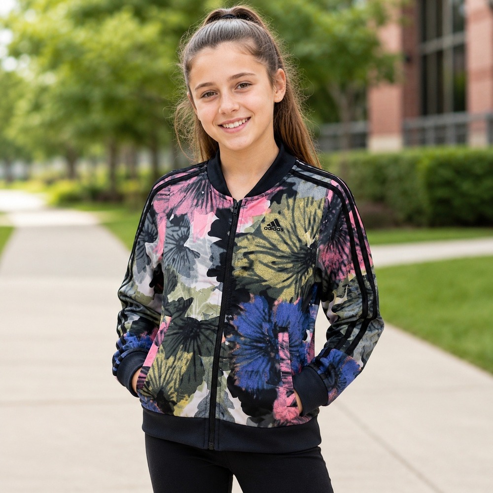 adidas Girls Floral Track Jacket Multicolor 3-Stripes Size M 10/12